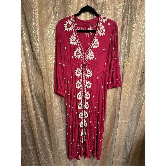 Free People Embroidered Fable Midi Dress Dolled Up Combo Dark Pink Medium - Picture 1 of 12